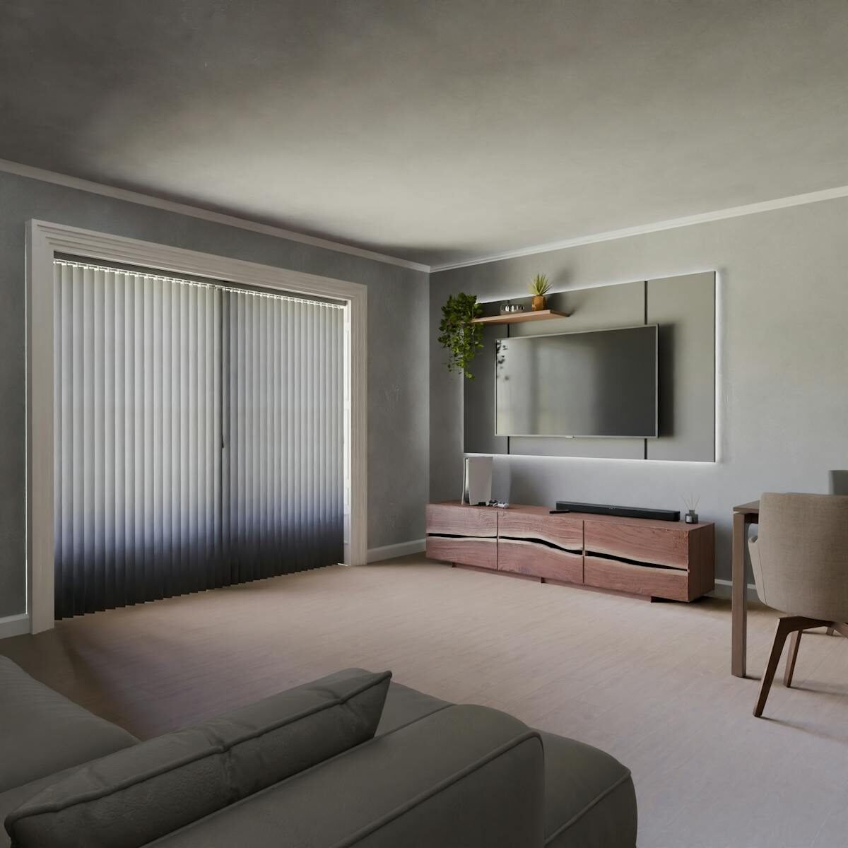 Sleek minimalist living room with TV, sofa, and natural light.